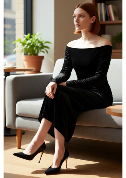 Kadın Uzun Kollu Siyah Kadife Carmen Yaka Bodycon Midi Elbise Gece Şıklığına Özel Tasarım Kaliteli