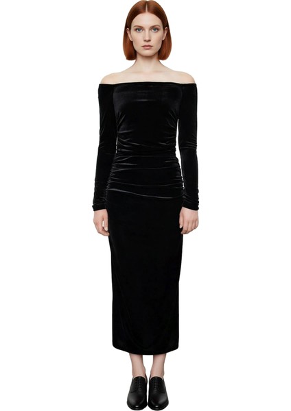 Kadın Uzun Kollu Siyah Kadife Carmen Yaka Bodycon Midi Elbise Gece Şıklığına Özel Tasarım Kaliteli fiyatları