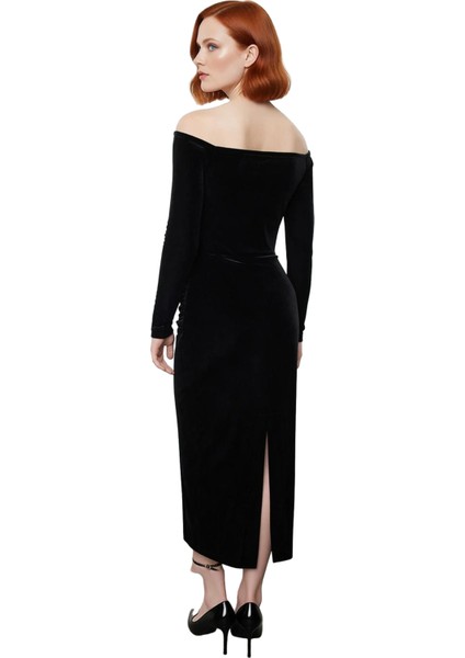 Kadın Uzun Kollu Siyah Kadife Carmen Yaka Bodycon Midi Elbise Gece Şıklığına Özel Tasarım Kaliteli modelleri