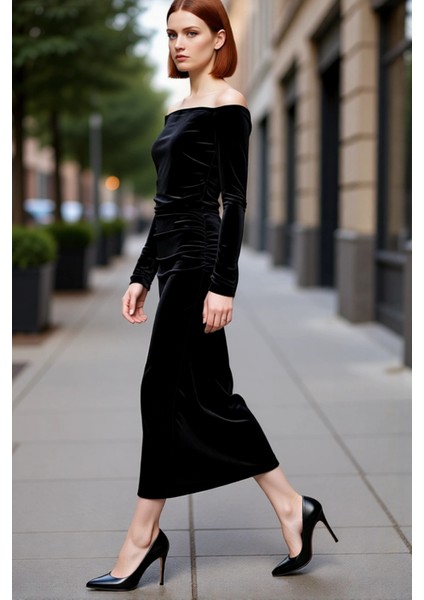 Kadın Uzun Kollu Siyah Kadife Carmen Yaka Bodycon Midi Elbise Gece Şıklığına Özel Tasarım Kaliteli fırsatları