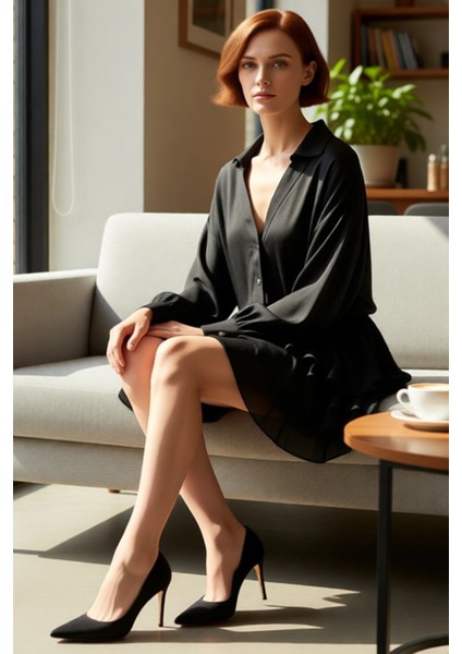 Kadın Siyah Gömlek Yaka Şifon Elbise Mini Boy Düşük Kol Uzun Kollu Günlük Kullanıma Uygun Kışlık