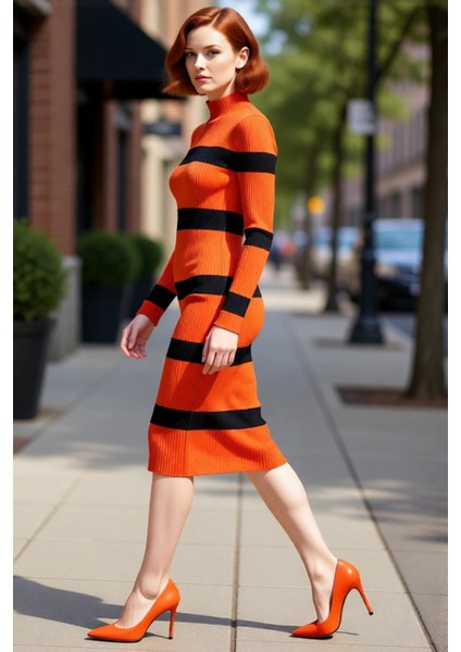 Kadın Triko Çizgili Bodycon Midi Elbise Dik Yaka Uzun Standart Kol Akrilik Rahat Şık Tasarım