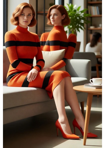 Kadın Triko Çizgili Bodycon Midi Elbise Dik Yaka Uzun Standart Kol Akrilik Rahat Şık Tasarım fiyatları