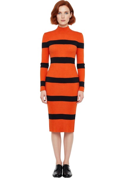 Kadın Triko Çizgili Bodycon Midi Elbise Dik Yaka Uzun Standart Kol Akrilik Rahat Şık Tasarım modelleri