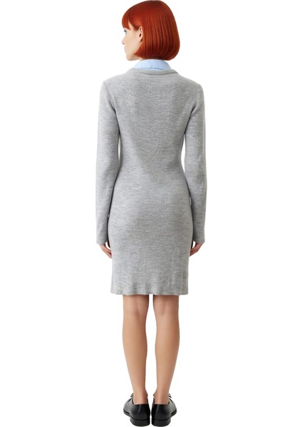 Şık Kadın Renk Bloklu Gömlek Yaka Detaylı Uzun Kollu Triko Mini Elbise Kış Kombinleri Için Ideal fiyatları