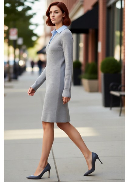 Şık Kadın Renk Bloklu Gömlek Yaka Detaylı Uzun Kollu Triko Mini Elbise Kış Kombinleri Için Ideal modelleri