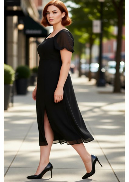 Kadınlar Için A Line Kare Yaka Midi Boy Balon Kol Astarlı Şık Dokuma Yırtmaçlı Büyük Beden Elbise