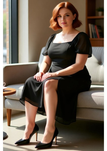 Kadınlar Için A Line Kare Yaka Midi Boy Balon Kol Astarlı Şık Dokuma Yırtmaçlı Büyük Beden Elbise fiyatları