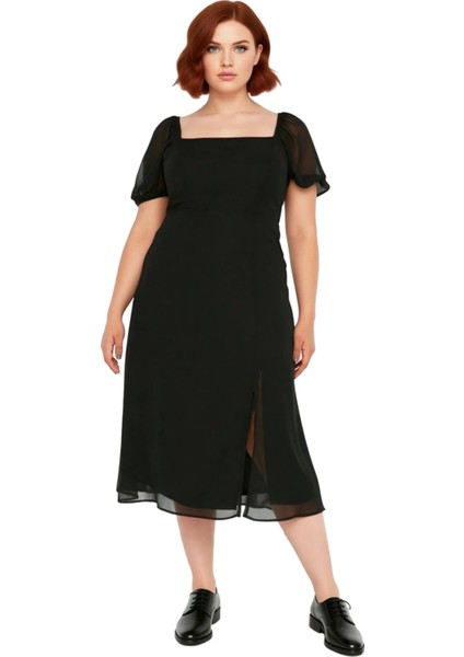 Kadınlar Için A Line Kare Yaka Midi Boy Balon Kol Astarlı Şık Dokuma Yırtmaçlı Büyük Beden Elbise modelleri