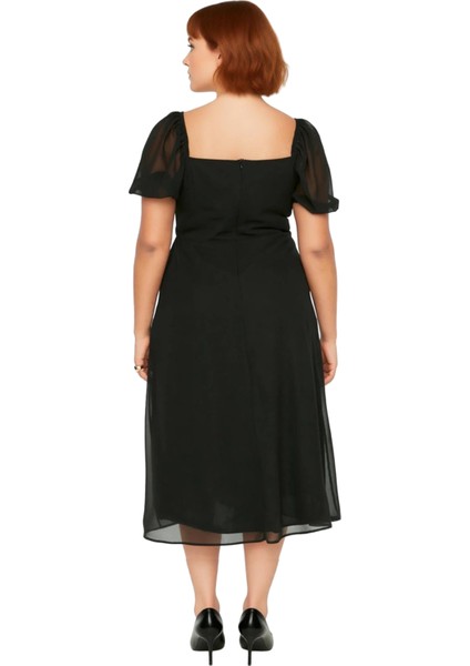 Kadınlar Için A Line Kare Yaka Midi Boy Balon Kol Astarlı Şık Dokuma Yırtmaçlı Büyük Beden Elbise fırsatları