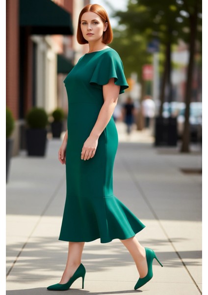 Kadın Büyük Beden Bodycon Midi Elbise Melek Kol Dokuma Kumaş Bisiklet Yaka Şık Günlük Stile Uygun