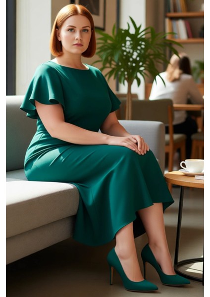 Kadın Büyük Beden Bodycon Midi Elbise Melek Kol Dokuma Kumaş Bisiklet Yaka Şık Günlük Stile Uygun fiyatları