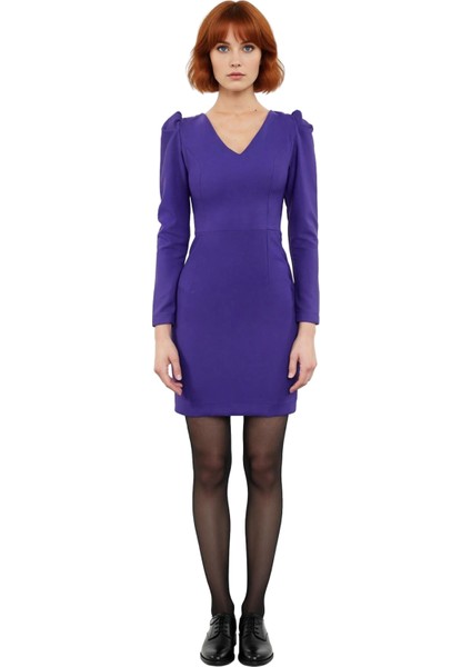 Kadın Mor Dokuma Bodycon Balon Kol Uzun Kollu V Yaka Kısa Ofis Elbisesi Kış Koleksiyonu Şıklığı modelleri