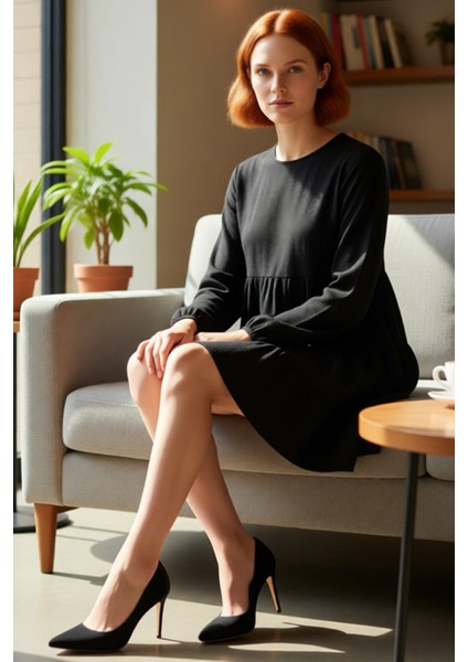 Kadın A Line Bürümcük Dokulu Balon Kol Uzun Kollu Bisiklet Yaka Mini Örme Elbise Kışlık Şık Tasarım fiyatları