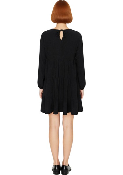 Kadın A Line Bürümcük Dokulu Balon Kol Uzun Kollu Bisiklet Yaka Mini Örme Elbise Kışlık Şık Tasarım fırsatları