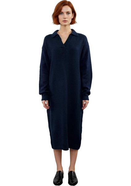 Kadın Shift Kalıp Midi Boy Polo Yaka Triko Elbise Günlük Rahat Uzun Düşük Kollu Kışlık Şık Tasarım modelleri