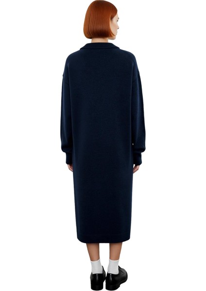 Kadın Shift Kalıp Midi Boy Polo Yaka Triko Elbise Günlük Rahat Uzun Düşük Kollu Kışlık Şık Tasarım fırsatları