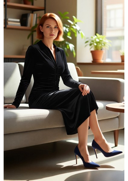 Kadın Siyah Kadife Bodycon Midi Elbise Polo Yaka Uzun Kollu Büzgülü Modern Kış Şıklığı Kaliteli fiyatları