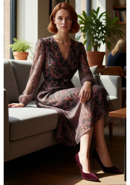 Kadın Kruvaze Yaka Şifon Midi Elbise Soyut Desenli Kemerli Uzun Balon Kol Skater Kalıp Modeli fiyatları