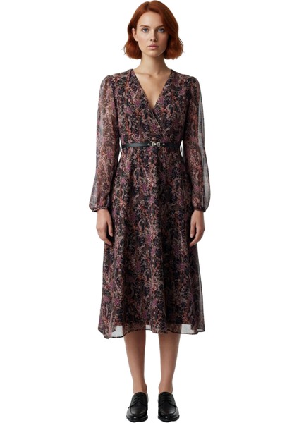 Kadın Kruvaze Yaka Şifon Midi Elbise Soyut Desenli Kemerli Uzun Balon Kol Skater Kalıp Modeli modelleri