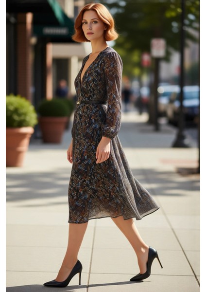 Kadın Kruvaze Yaka Şifon Midi Elbise Soyut Desenli Kemerli Uzun Balon Kol Skater Kalıp Modeli