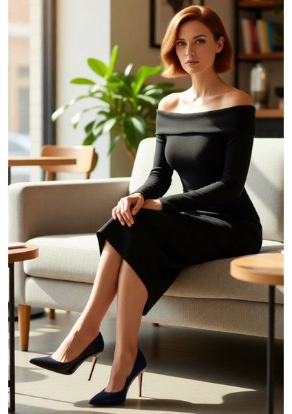 Kadın Bordo Bodycon Kalıp Carmen Yaka Uzun Kollu Örme Midi Elbise Şık Gündüz Gece Kombinleri Için fiyatları