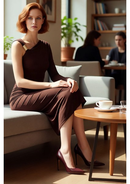 Kadın Asimetrik Yaka Tek Uzun Kollu Bodycon Midi Aksesuar Detaylı Örme Kokteyl Elbisesi Glam fiyatları