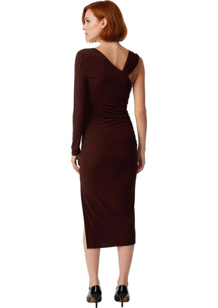 Kadın Asimetrik Yaka Tek Uzun Kollu Bodycon Midi Aksesuar Detaylı Örme Kokteyl Elbisesi Glam fırsatları