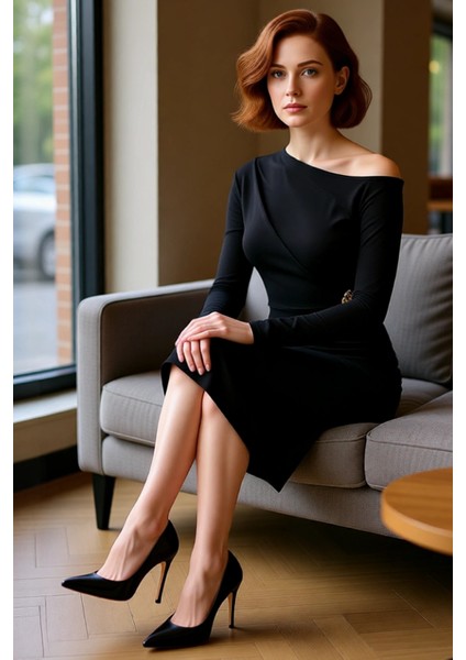 Kadın Asimetrik Yaka Siyah Bodycon Midi Elbise Aksesuar Detaylı Şık ve Modern Kokteyl Görünüm fiyatları