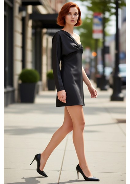 Kadın Saten Dokuma Tek Kol Asimetrik Yaka Shift Mini Elbise Mezuniyet Balo Için Şık Tasarım