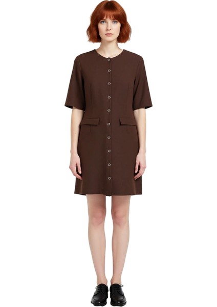 Kadın A Line Kısa Kol Dokuma Mini Elbise Düğme Detaylı Düz Kesim Ofis ve Günlük Şıklığı Için Ideal modelleri