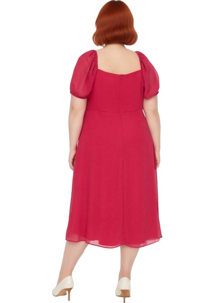 Kadınlar Için A Line Kare Yaka Midi Boy Balon Kol Astarlı Şık Dokuma Yırtmaçlı Büyük Beden Elbise fırsatları