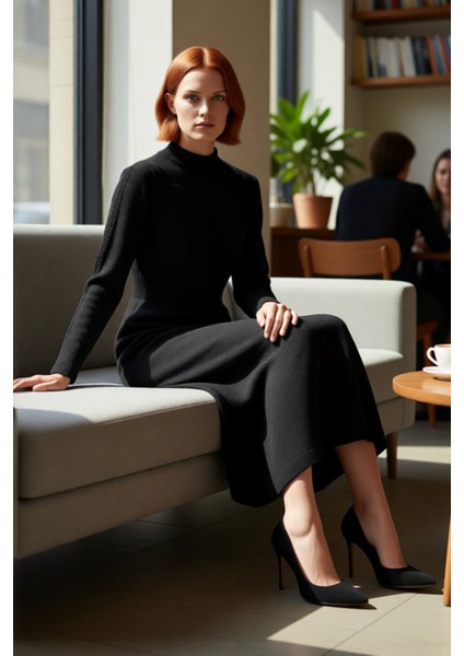 Kadın Tesettür Dantel Detaylı Balon Kol Dik Yaka Skater Maxi Triko Elbise Kış Kombinleri Için Ideal fiyatları