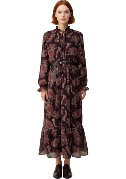 Kadın Kahverengi Şal Desenli Kemerli Balon Kol Maxi Şifon Astarlı Tesettür Elbise Günlük Kaliteli modelleri