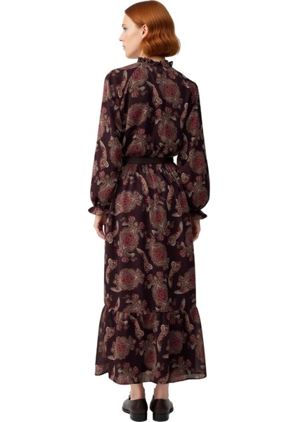 Kadın Kahverengi Şal Desenli Kemerli Balon Kol Maxi Şifon Astarlı Tesettür Elbise Günlük Kaliteli fırsatları