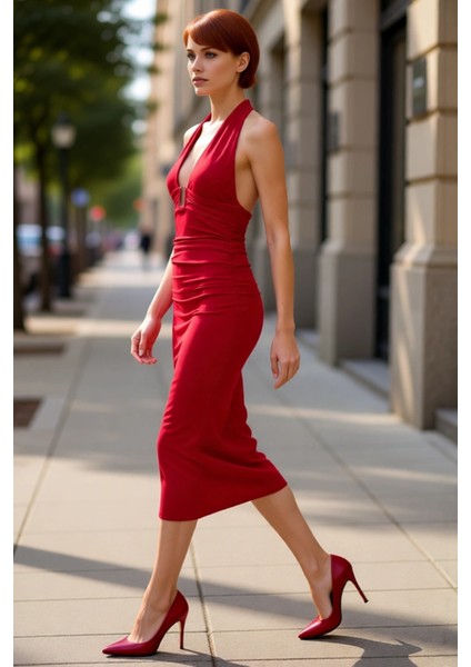 Kadın Bodycon Kalıp Midi Boy Boyundan Bağlamalı Kolsuz Şık Örme Elbise Aksesuar Detaylı Özel