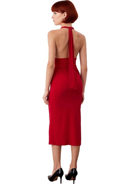 Kadın Bodycon Kalıp Midi Boy Boyundan Bağlamalı Kolsuz Şık Örme Elbise Aksesuar Detaylı Özel fırsatları