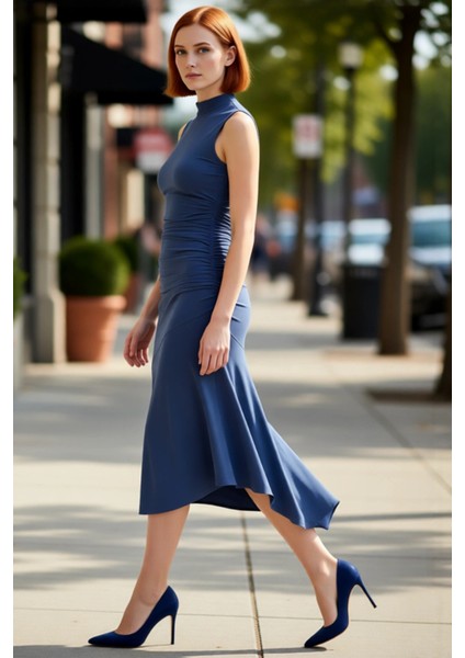 Kadın Abiye Skater Elbise Dik Yaka Kolsuz Midi Boy Düz Desen Şık Gece ve Davetler Için Ideal Seçim