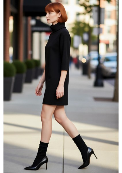 Kadın Balıkçı Yaka Shift Kalıp Düşük Kol Truvakar Boy Mini Örme Elbise Kış Günlük Kombinler Için Şık