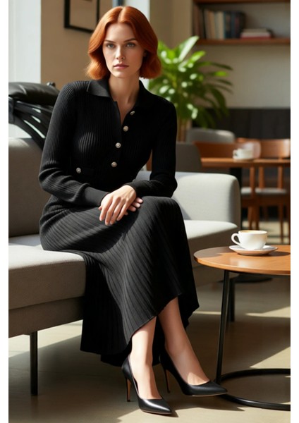 Kadın A Line %100 Akrilik Ribana Triko Maxi Elbise Polo Yaka ve Metal Düğmeli Tesettür Kışlık Giyim fiyatları