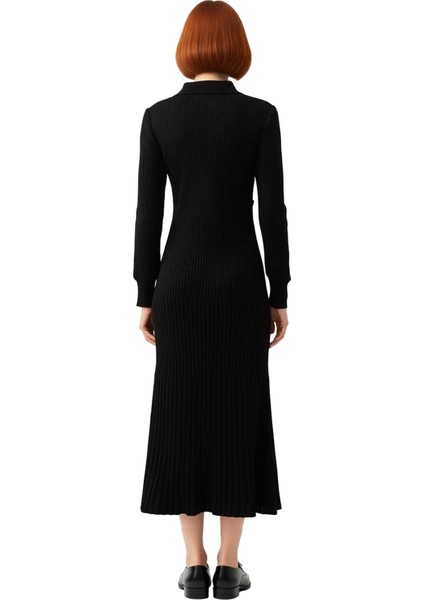 Kadın A Line %100 Akrilik Ribana Triko Maxi Elbise Polo Yaka ve Metal Düğmeli Tesettür Kışlık Giyim fırsatları