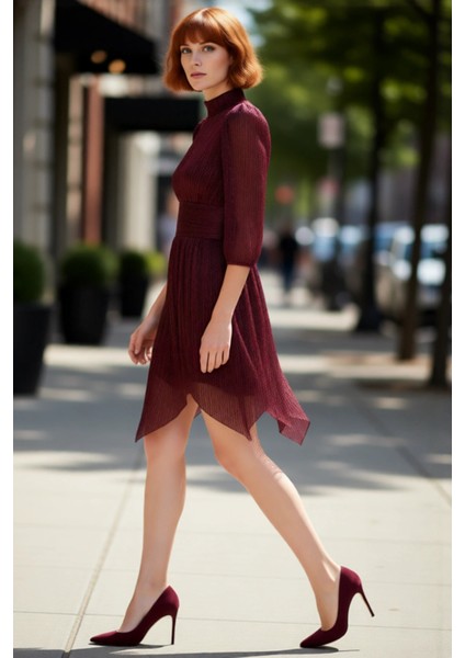 Kadın Parıltılı Örme Astarlı A Line Balon Kol Dik Yaka Kısa Abiye Elbise Şık Gece Mezuniyet Için