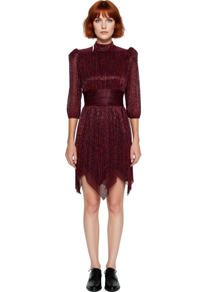 Kadın Parıltılı Örme Astarlı A Line Balon Kol Dik Yaka Kısa Abiye Elbise Şık Gece Mezuniyet Için modelleri