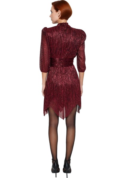 Kadın Parıltılı Örme Astarlı A Line Balon Kol Dik Yaka Kısa Abiye Elbise Şık Gece Mezuniyet Için fırsatları