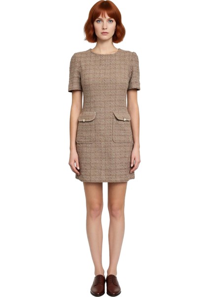 Kadın A Kesim Dokuma Mini Elbise Bisiklet Yaka Kısa Kollu Şık ve Konforlu Ilkbahar Sonbahar Tasarımı modelleri