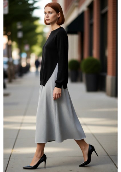 Kadın Siyah Üst Triko Garnili Çizgili Pamuklu Midi Elbise Rahat Şık Günlük Stile Uygun Kaliteli