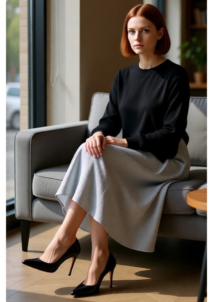 Kadın Siyah Üst Triko Garnili Çizgili Pamuklu Midi Elbise Rahat Şık Günlük Stile Uygun Kaliteli fiyatları