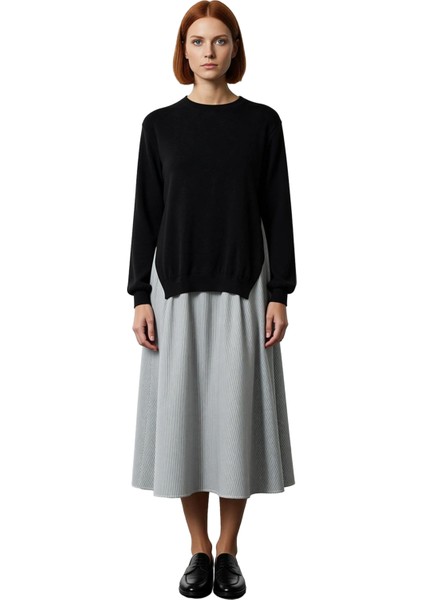 Kadın Siyah Üst Triko Garnili Çizgili Pamuklu Midi Elbise Rahat Şık Günlük Stile Uygun Kaliteli modelleri