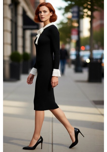 Kadın Bodycon Kesim Bebe Yaka Bağlama Detaylı Midi Boy Uzun Kollu Şık Akrilik Triko Elbise