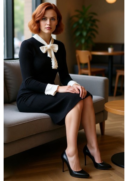 Kadın Bodycon Kesim Bebe Yaka Bağlama Detaylı Midi Boy Uzun Kollu Şık Akrilik Triko Elbise fiyatları